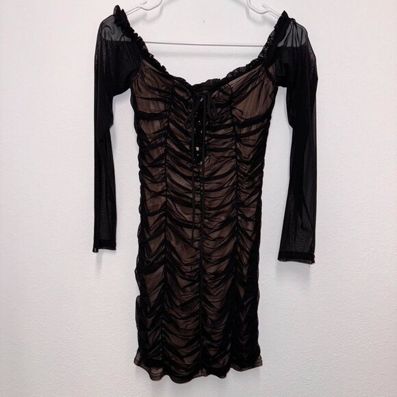 Fashion Nova black mesh mini dress with long sleeves, rushed bodice, and lace up - Picture 2 of 4